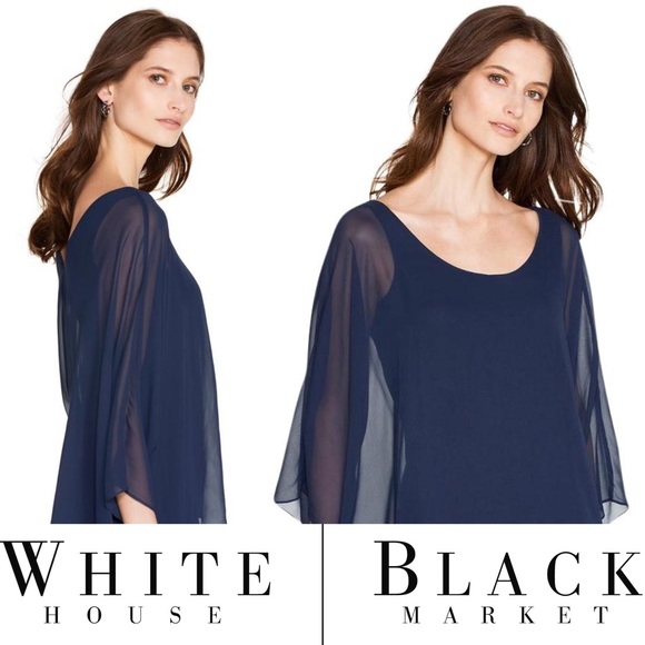White House Black Market Tops - WHBM Navy Blue Sheer Layered Batwing Drape Blouse